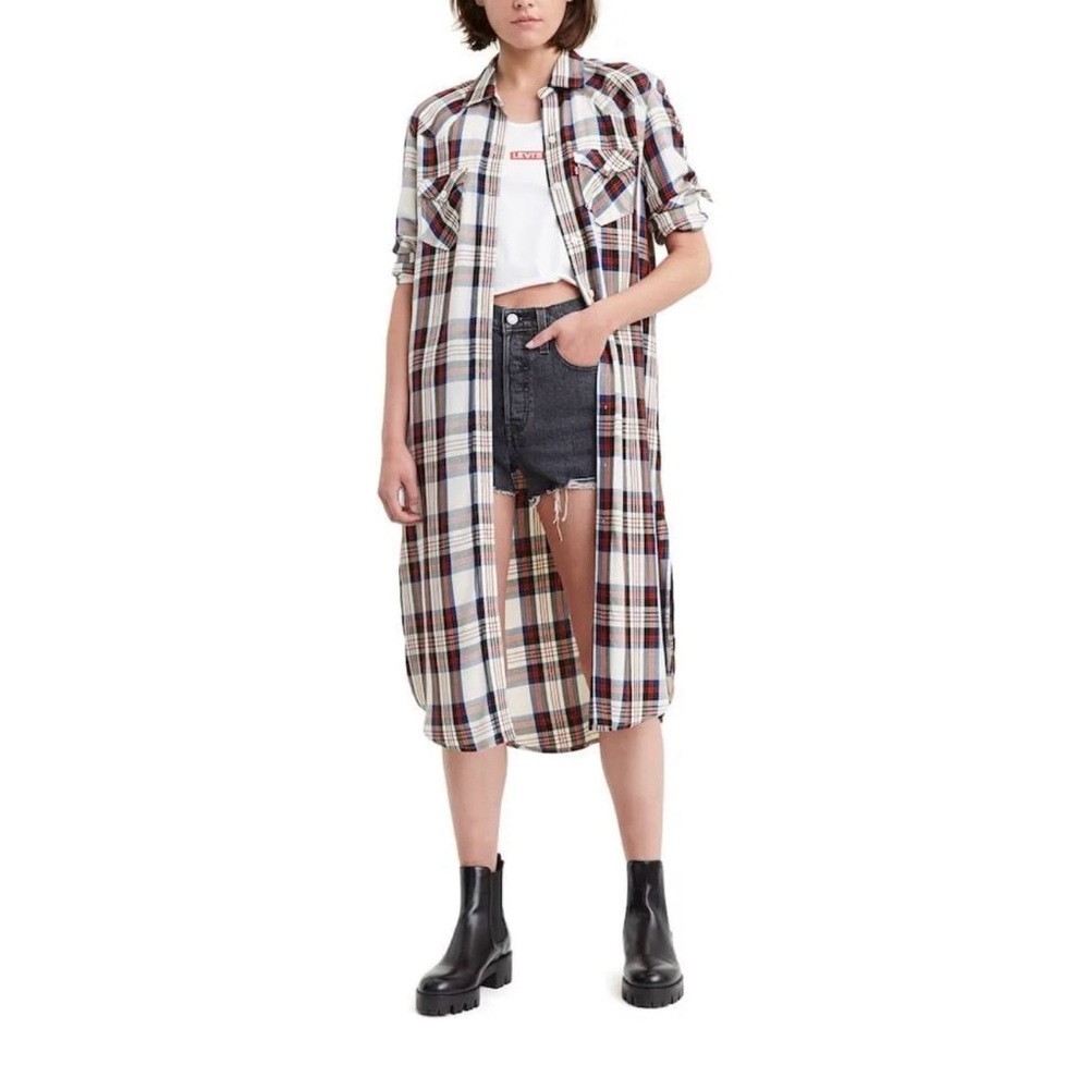 $120 Levi’s Plaid Button Up Shirt Dress/ Duster Sz L